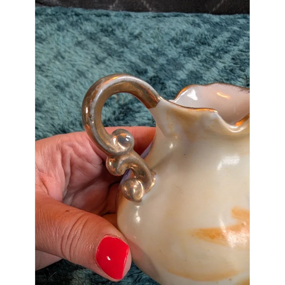 Vintage Miniature Porcelain Pitcher Fruit Motif Gold Gilt Trim E2359 Small Vase